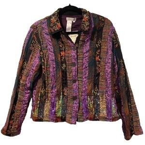 NEW Coldwater Creek Jacket Womens Large 100% Silk Embroidered Sequin Indie Boho